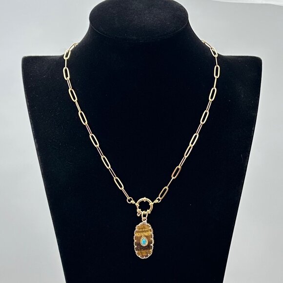 Tigers Eye Turquoise Gemstone Pendant Necklace 18K Gold Plated Chain 17 Inch - Picture 8 of 8